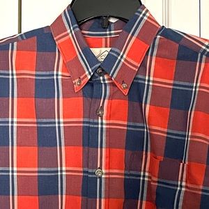 Plaid red & navy button down shirt: size M